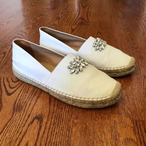 MIU MIU Espadrille Embellished Flats Shoes Womens 38 8 White Canvas Crystals - Picture 6 of 12